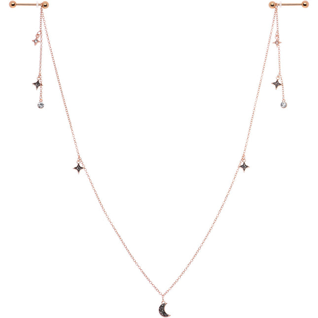 14G 9/16 Black Gem Rose Gold Tone Moon Dangle Nipple Chain