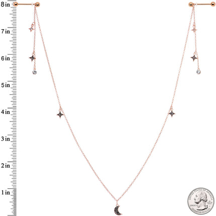 14G 9/16 Black Gem Rose Gold Tone Moon Dangle Nipple Chain