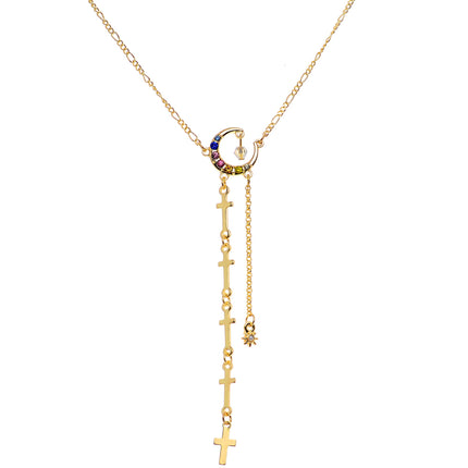 14G 9/16 Blue Pink Gem Gold Tone Moon Cross Dangle Nipple Chain