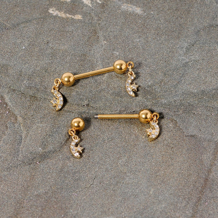 14G 9/16 Clear Gem Gold Tone Moon Dangle Barbell Nipple Ring Set