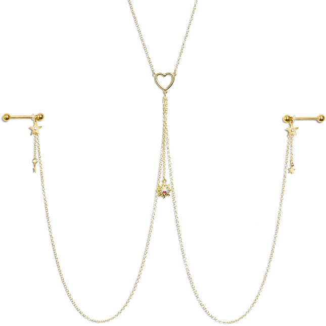 14G 5/8 Aurora Gem Gold Tone Sun Heart Star Nipple Chain Necklace