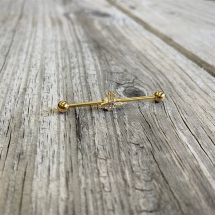 14G Clear Gem Gold Tone Alien UFO Beam Industrial Barbell 38mm