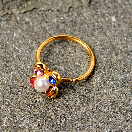 20G 5/16 Pink Blue Gem Gold Tone Flower Nose Hoop