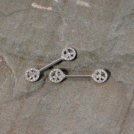 14G 9/16 Clear Gem Retro Peace Sign Barbell Nipple Ring Set