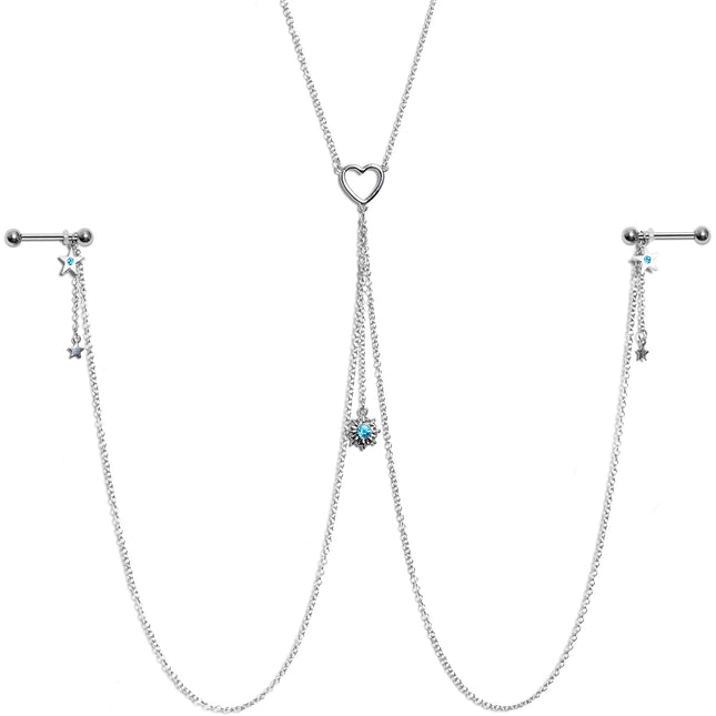 14G 5/8 Blue Gem Sun Heart Star Nipple Chain Necklace