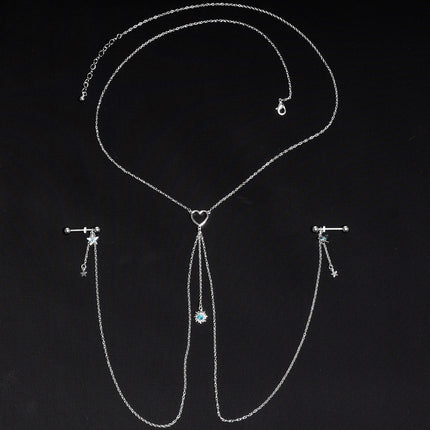 14G 5/8 Blue Gem Sun Heart Star Nipple Chain Necklace