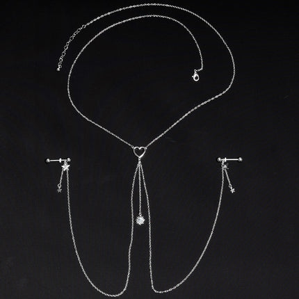 14G 5/8 Clear Gem Sun Heart Star Nipple Chain Necklace