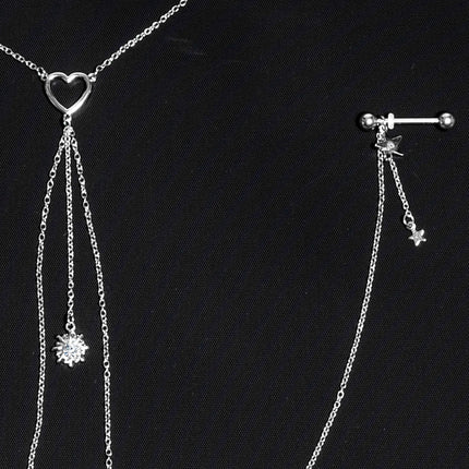 14G 5/8 Clear Gem Sun Heart Star Nipple Chain Necklace