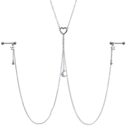 14G 5/8 Blue Gem Moon Heart Star Nipple Chain Necklace