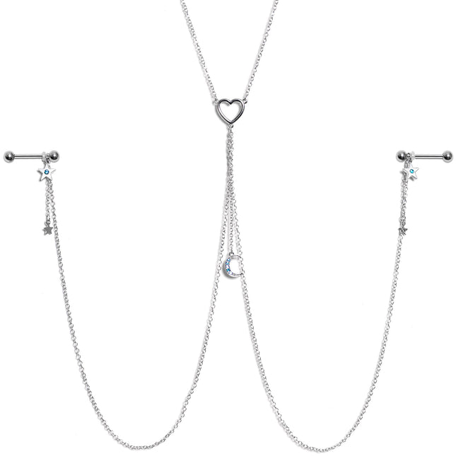 14G 5/8 Blue Gem Moon Heart Star Nipple Chain Necklace