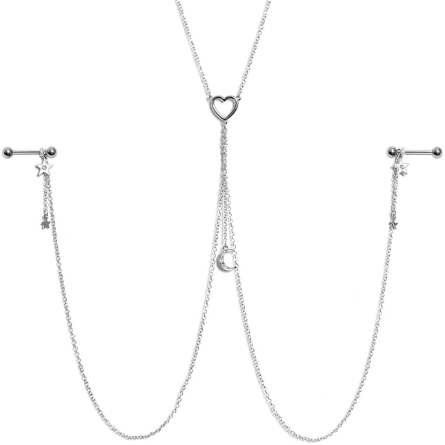 14G 5/8 Clear Gem Moon Heart Star Nipple Chain Necklace