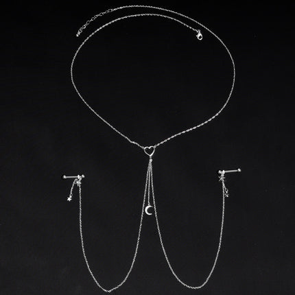 14G 5/8 Clear Gem Moon Heart Star Nipple Chain Necklace