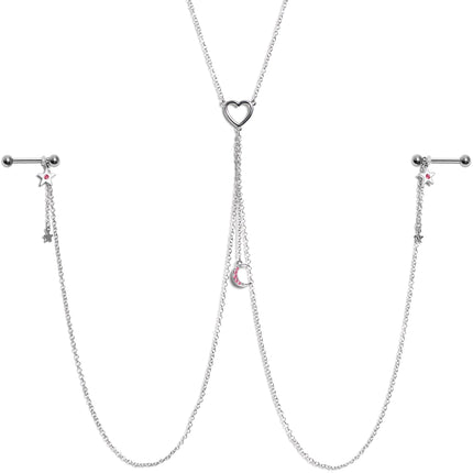 14G 5/8 Pink Gem Moon Heart Star Nipple Chain Necklace