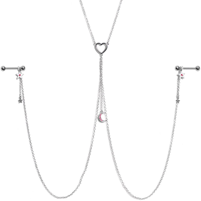 14G 5/8 Pink Gem Moon Heart Star Nipple Chain Necklace