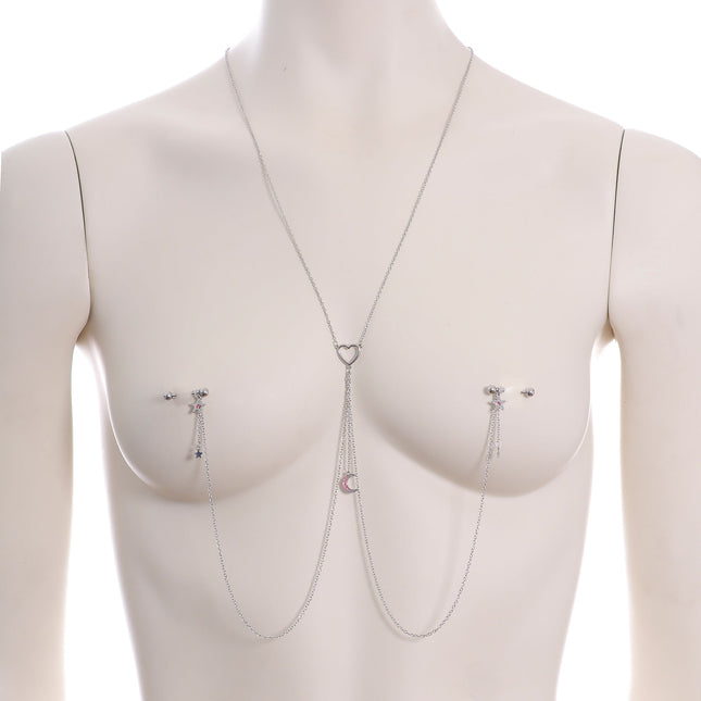 14G 5/8 Pink Gem Moon Heart Star Nipple Chain Necklace