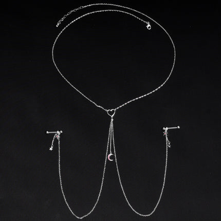 14G 5/8 Pink Gem Moon Heart Star Nipple Chain Necklace