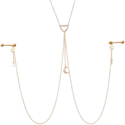 14G 5/8 Aurora Gem Gold Tone Heart Star Nipple Chain Necklace
