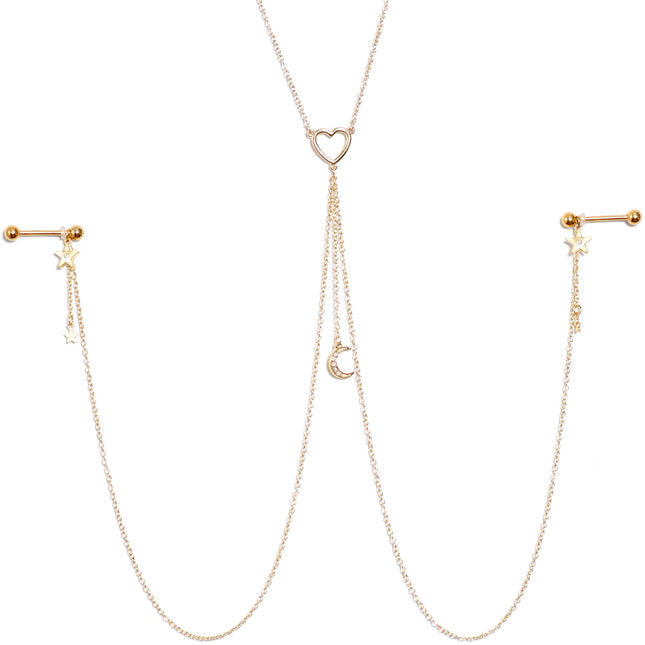 14G 5/8 Aurora Gem Gold Tone Heart Star Nipple Chain Necklace