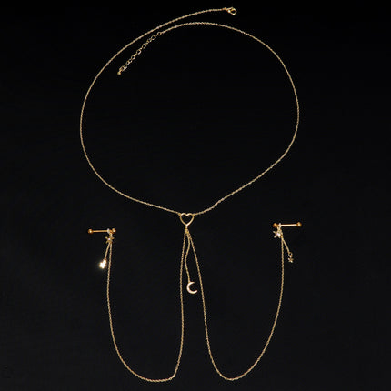 14G 5/8 Aurora Gem Gold Tone Heart Star Nipple Chain Necklace
