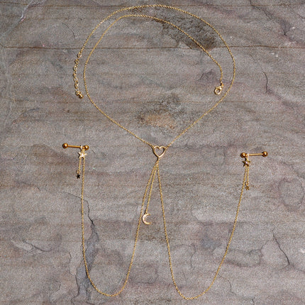 14G 5/8 Aurora Gem Gold Tone Heart Star Nipple Chain Necklace