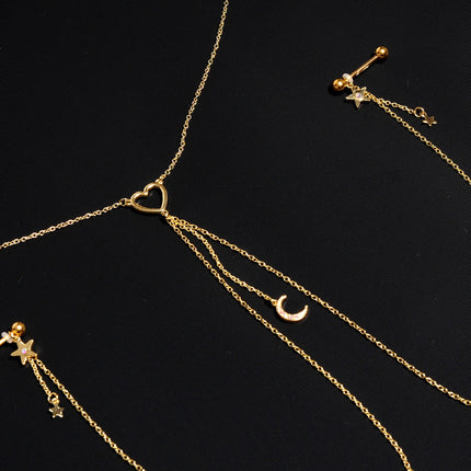 14G 5/8 Aurora Gem Gold Tone Heart Star Nipple Chain Necklace