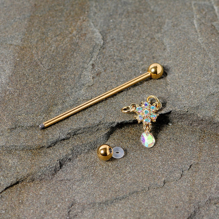 14G Aurora Gem Gold Tone Flower Dangle Industrial Barbell 38mm