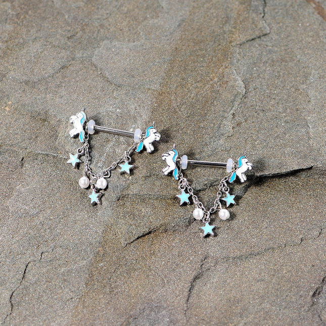 14G 5/8 Blue White Unicorn Star Chain Dangle Nipple Ring Set
