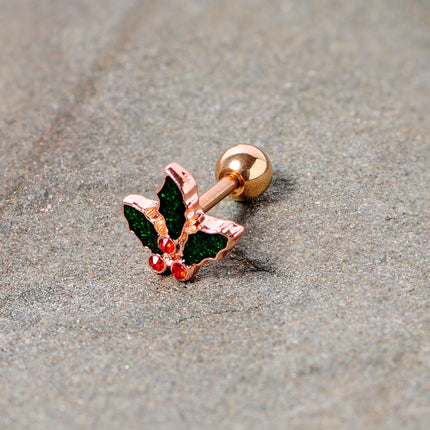 16G 1/4 Red Gem Rose Tone Mistletoe Christmas Cartilage Tragus