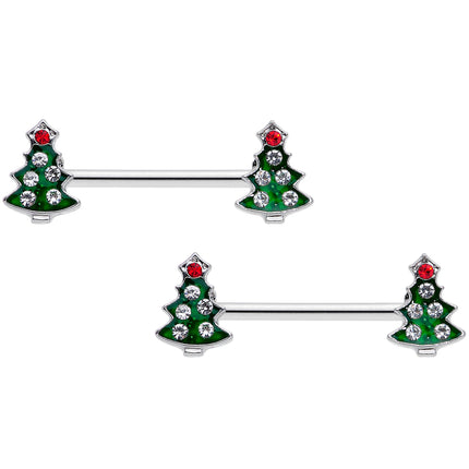 14G 9/16 Clear Red Gem Christmas Tree Barbell Nipple Ring Set