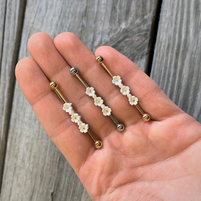 14G Clear Gem Gold Tone Flower Industrial Barbell 38mm