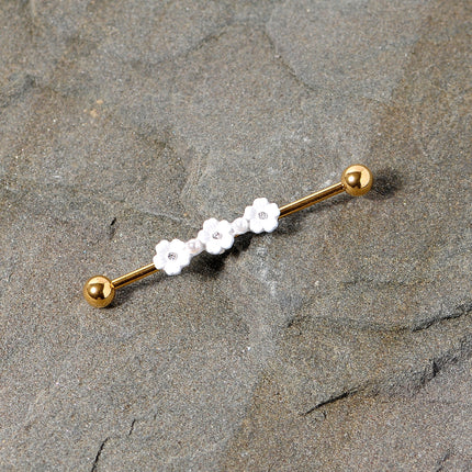 14G Aurora Gem Gold Tone Flower Industrial Barbell 38mm