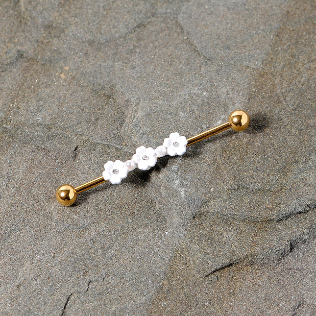 14G Aurora Gem Gold Tone Flower Industrial Barbell 38mm