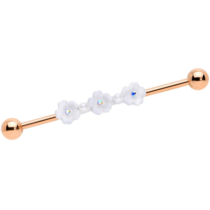 14G Aurora Gem Rose Gold Tone Flower Industrial Barbell 38mm