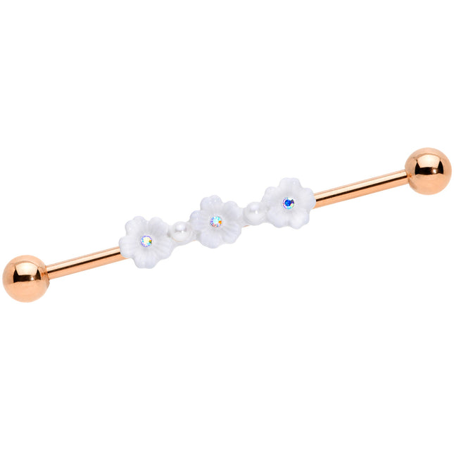 14G Aurora Gem Rose Gold Tone Flower Industrial Barbell 38mm