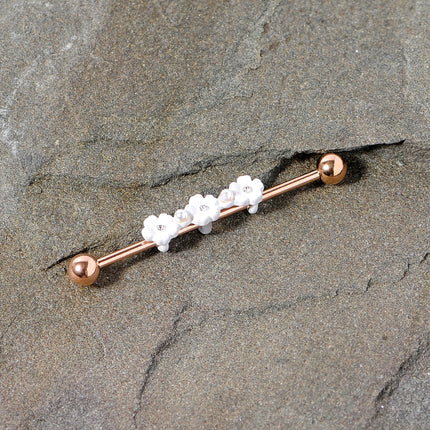 14G Clear Gem Rose Gold Tone Flower Industrial Barbell 38mm