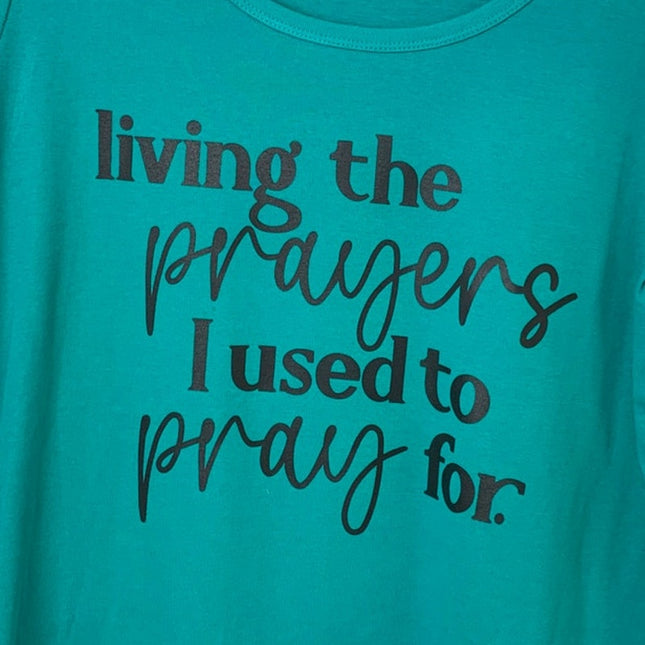 New Hand Printed Women Plus Size 1X Blue Living The Prayers Scoop Neck Tee Shirt