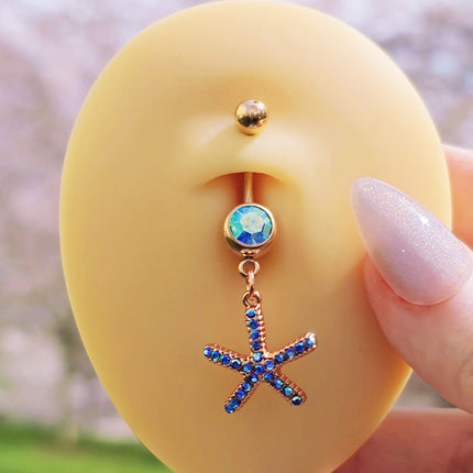 Blue Gem Rose Gold Tone Starfish Seahorse Nautical Belly Ring Set of 2