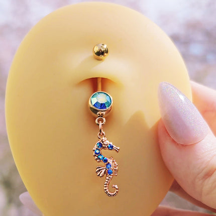 Blue Gem Rose Gold Tone Starfish Seahorse Nautical Belly Ring Set of 2