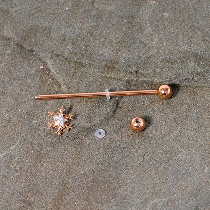 14G Clear Gem Rose Gold Tone Snowflake Industrial Barbell 38mm
