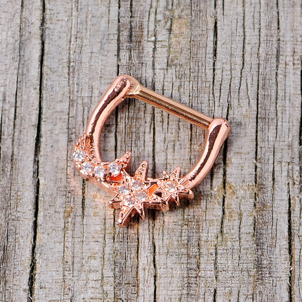 16G 1/4 Clear CZ Gem Rose Gold Tone Moon Stars Cartilage Clicker