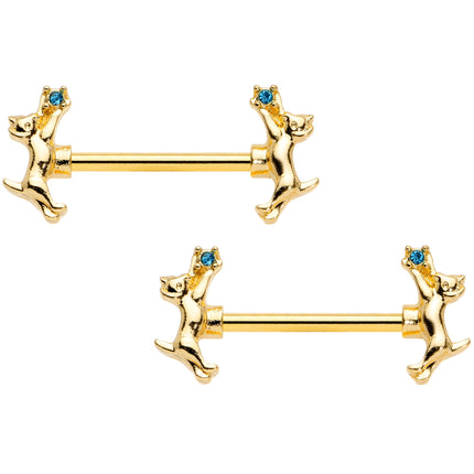 14G 9/16 Blue Gem Gold Tone Leaping Cat Barbell Nipple Ring Set