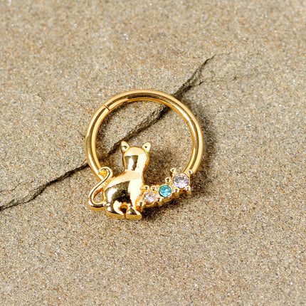 16G 3/8 Blue Clear Gem Gold Tone Cat Hinged Segment Ring