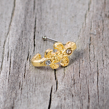 20G 3/8 Clear Gem Gold Tone Fleur De Lis Faux Hoop Nose Bone