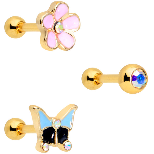 16G 1/4 Aurora Gem Gold Tone Flower Cartilage Tragus Set of 3