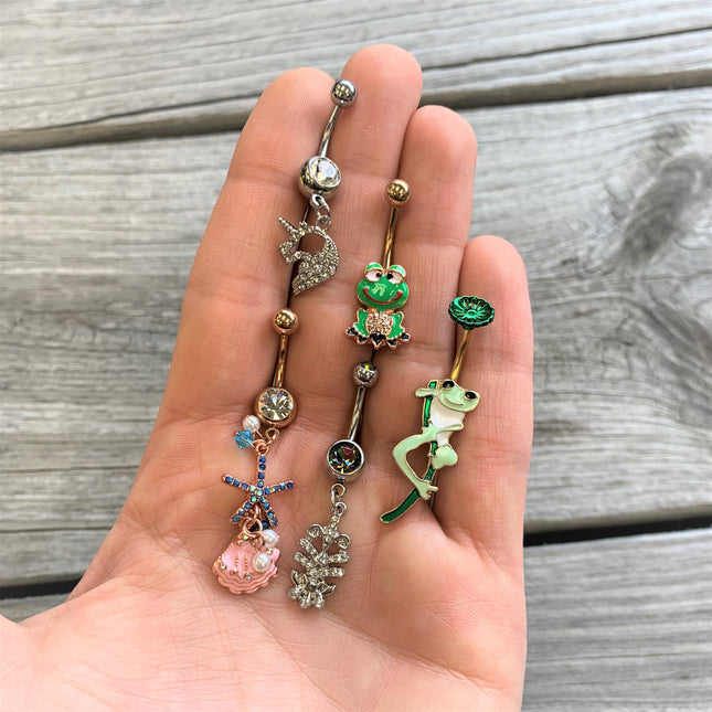 Green Gold Tone Frog Flower Double Mount Belly Ring