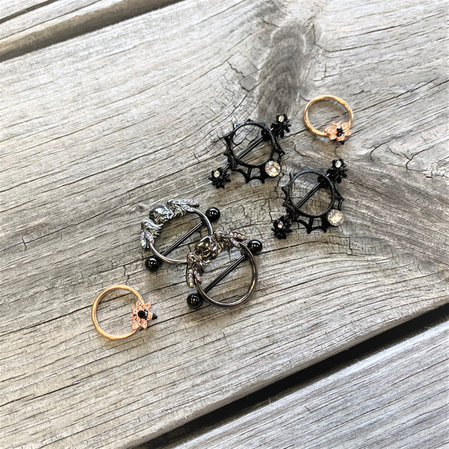 14G 9/16 Black Clear Gem Rose Gold Tone Bee BCR Nipple Ring Set