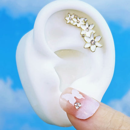 16G 1/4 Clear CZ Gem Gold Tone White Flower Left Cartilage Tragus
