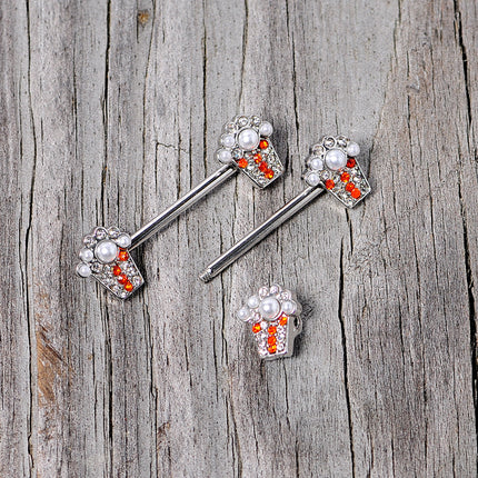 14G 9/16 White Orb Movie Night Popcorn Barbell Nipple Ring Set