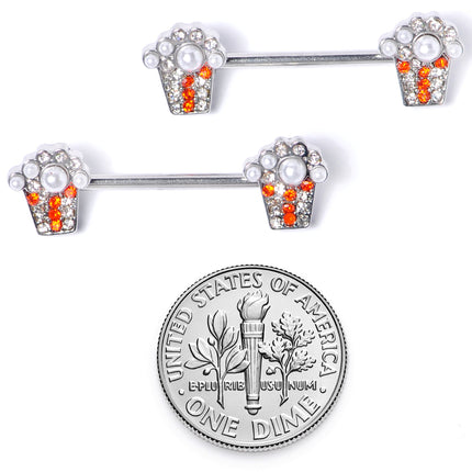 14G 9/16 White Orb Movie Night Popcorn Barbell Nipple Ring Set