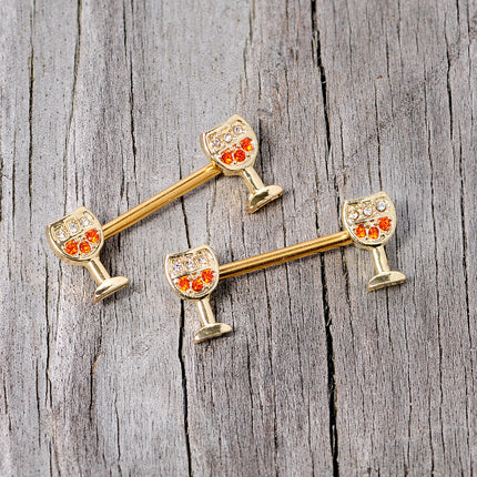 14G 9/16 Orange Gem Gold Tone Holiday Wine Nipple Ring Set